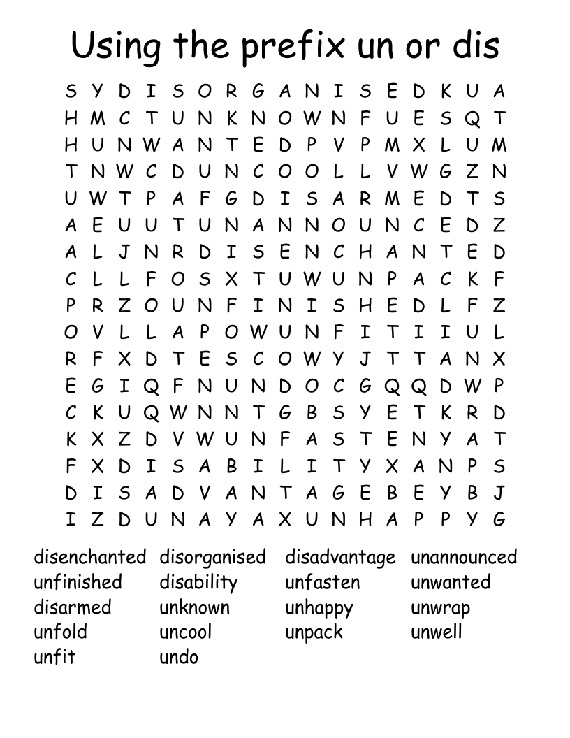 Using the prefix un or dis Word Search