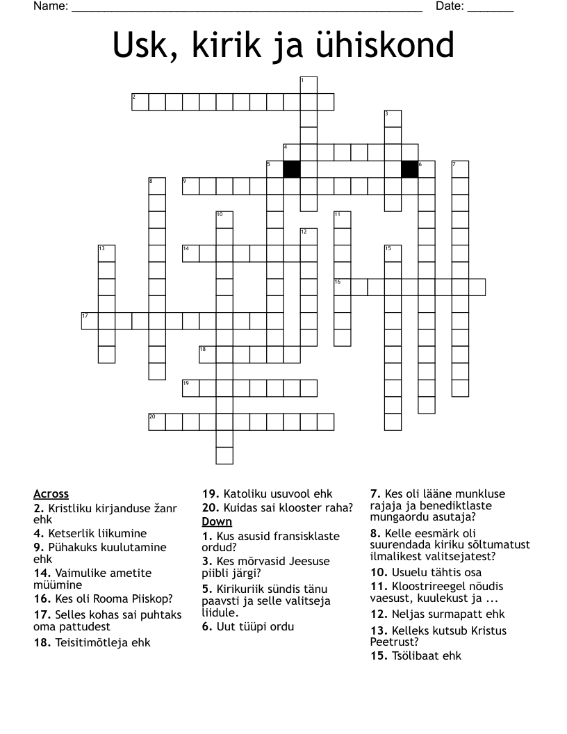Usk, kirik ja ühiskond Crossword