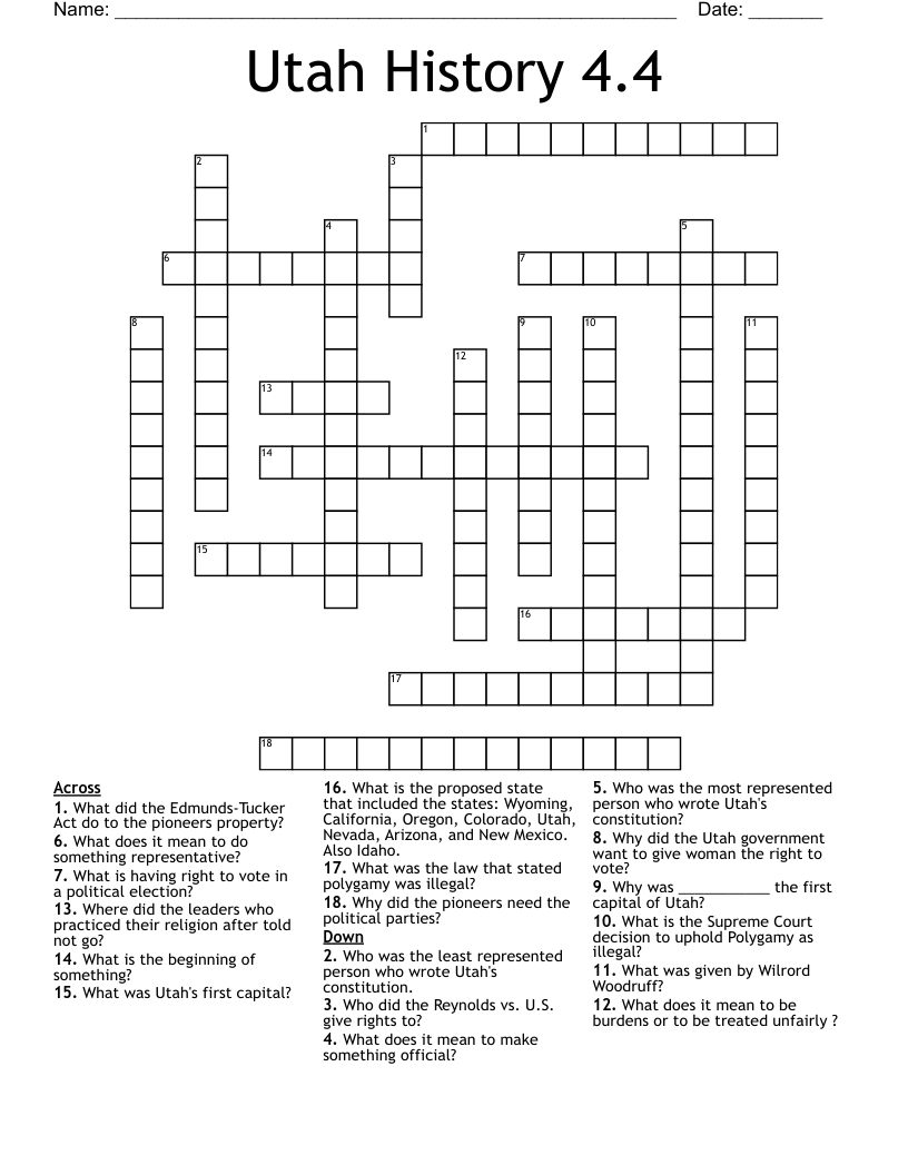 Utah History 4.4 Crossword