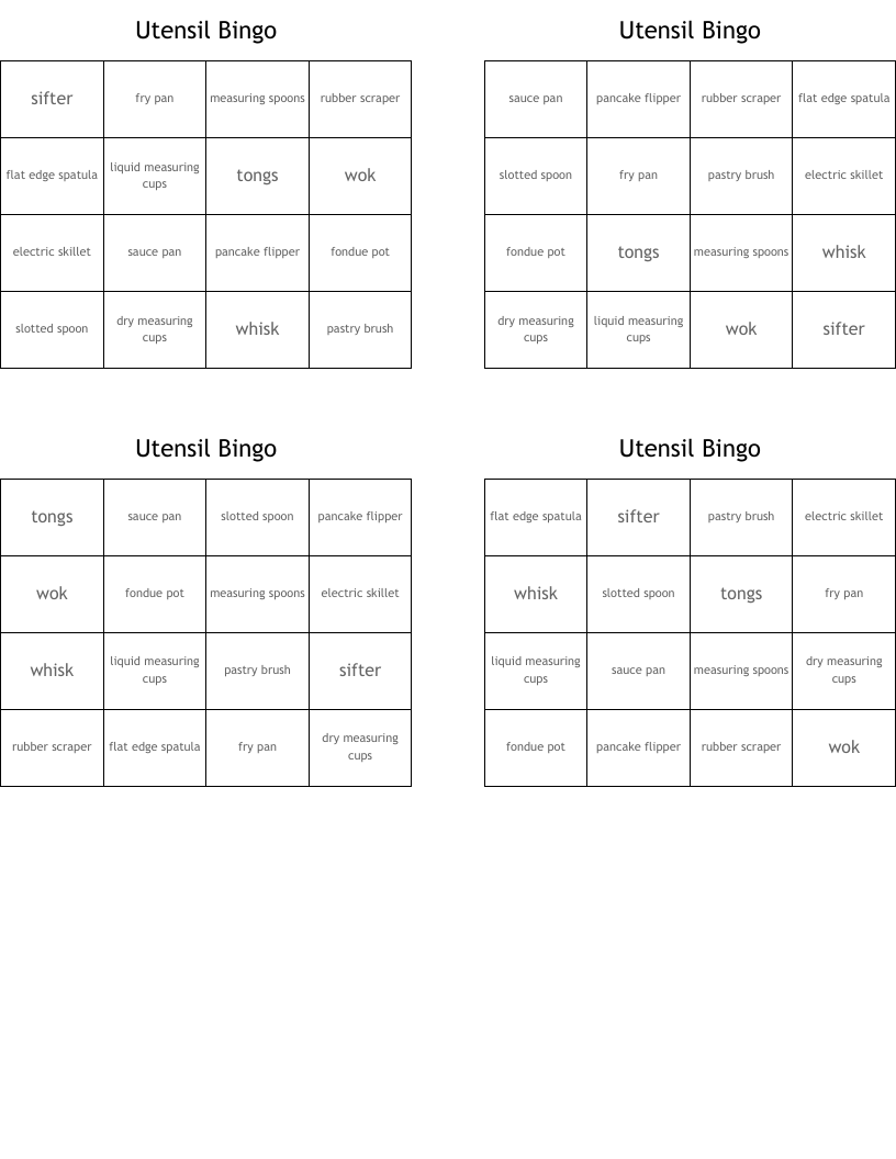 Utensil Bingo