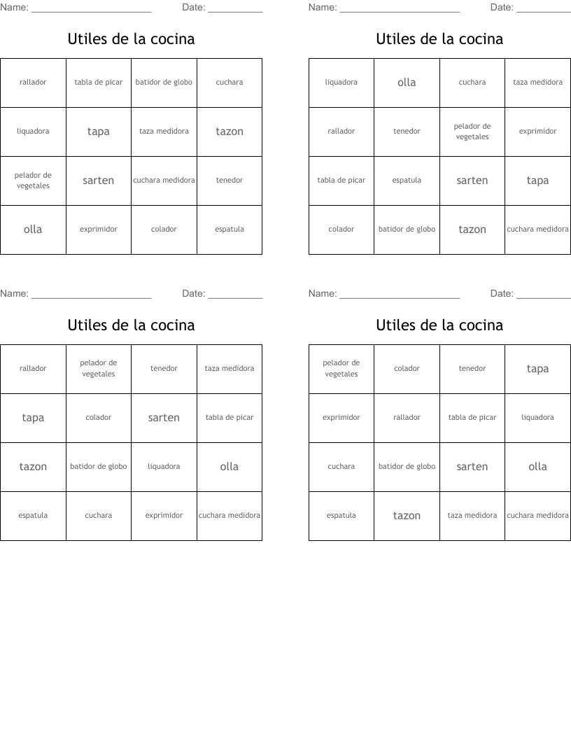 Utiles de la cocina Bingo Cards