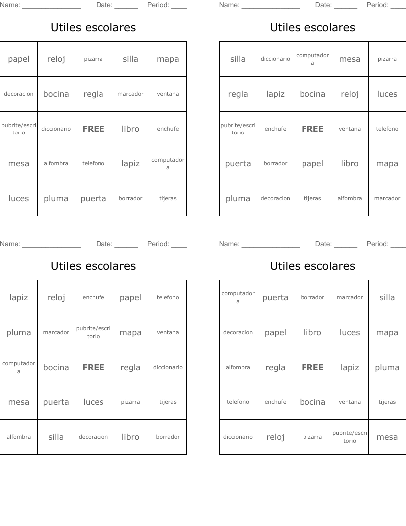 Utiles escolares Bingo Cards