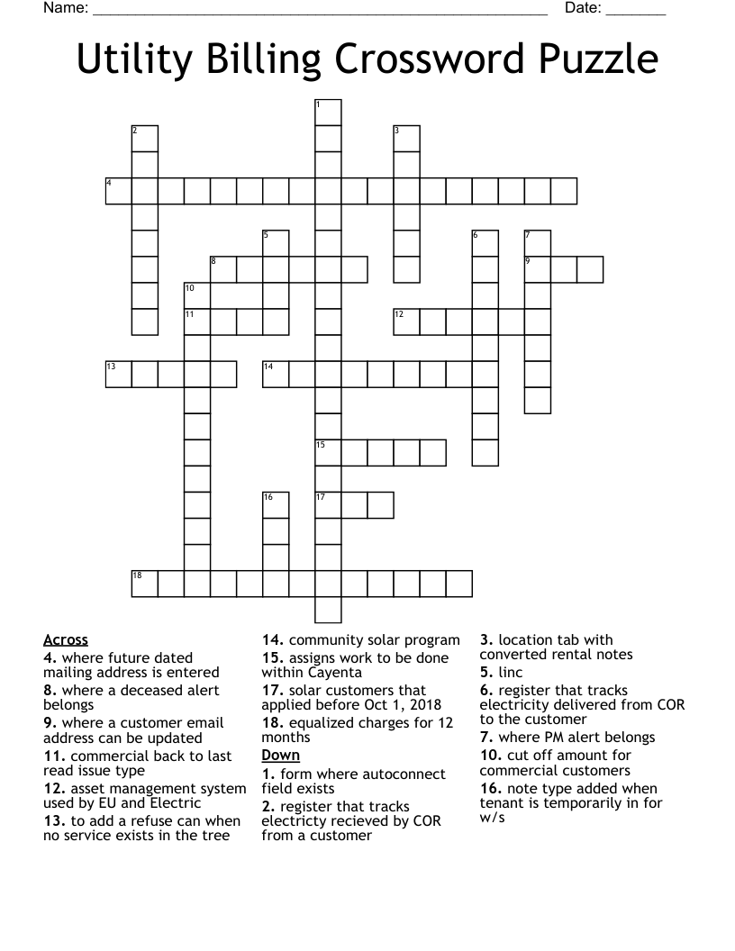 Utility Billing Crossword Puzzle