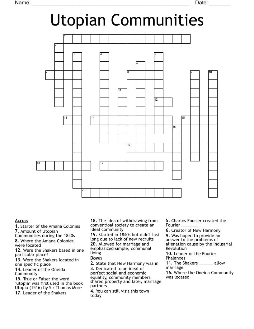 Utopian Communities Crossword