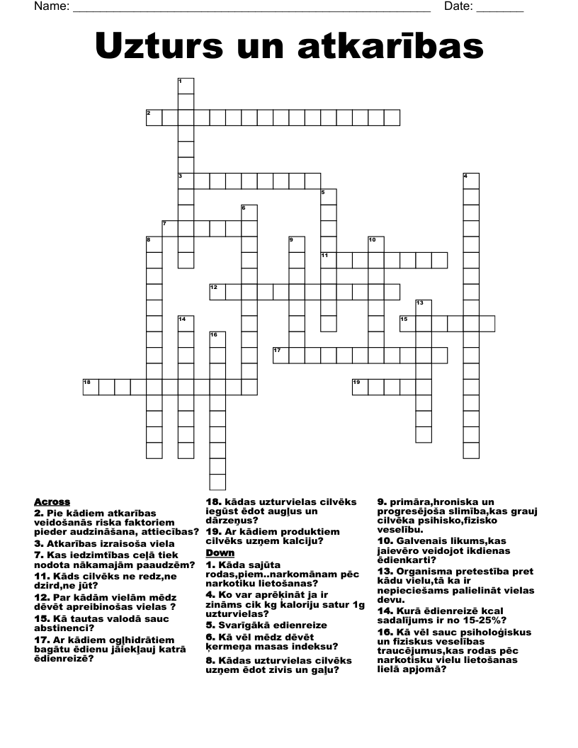 Uzturs un atkarības  Crossword