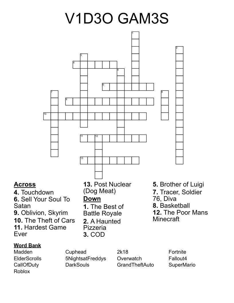 V1D3O GAM3S Crossword
