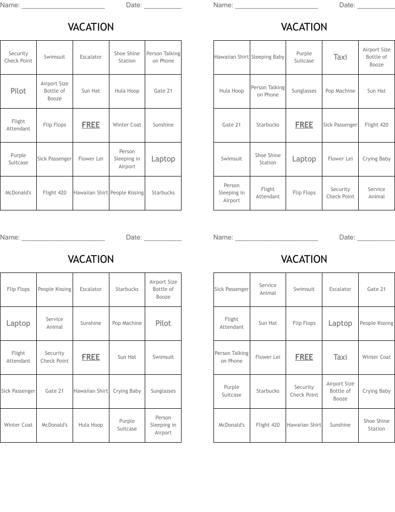 VACATION Bingo Cards
