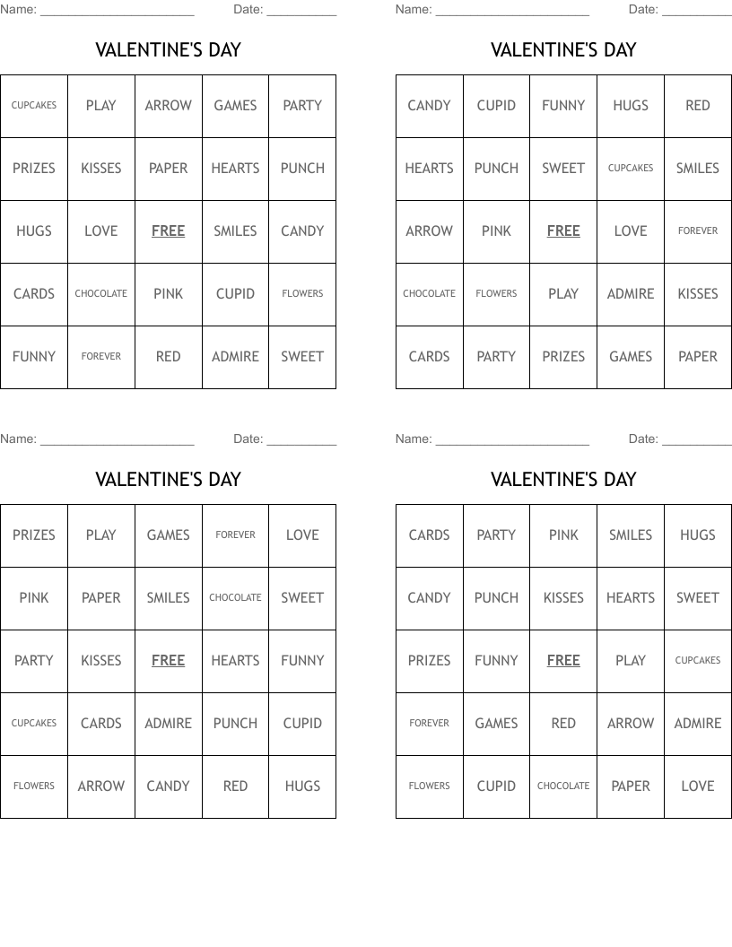 VALENTINE'S DAY Bingo Cards