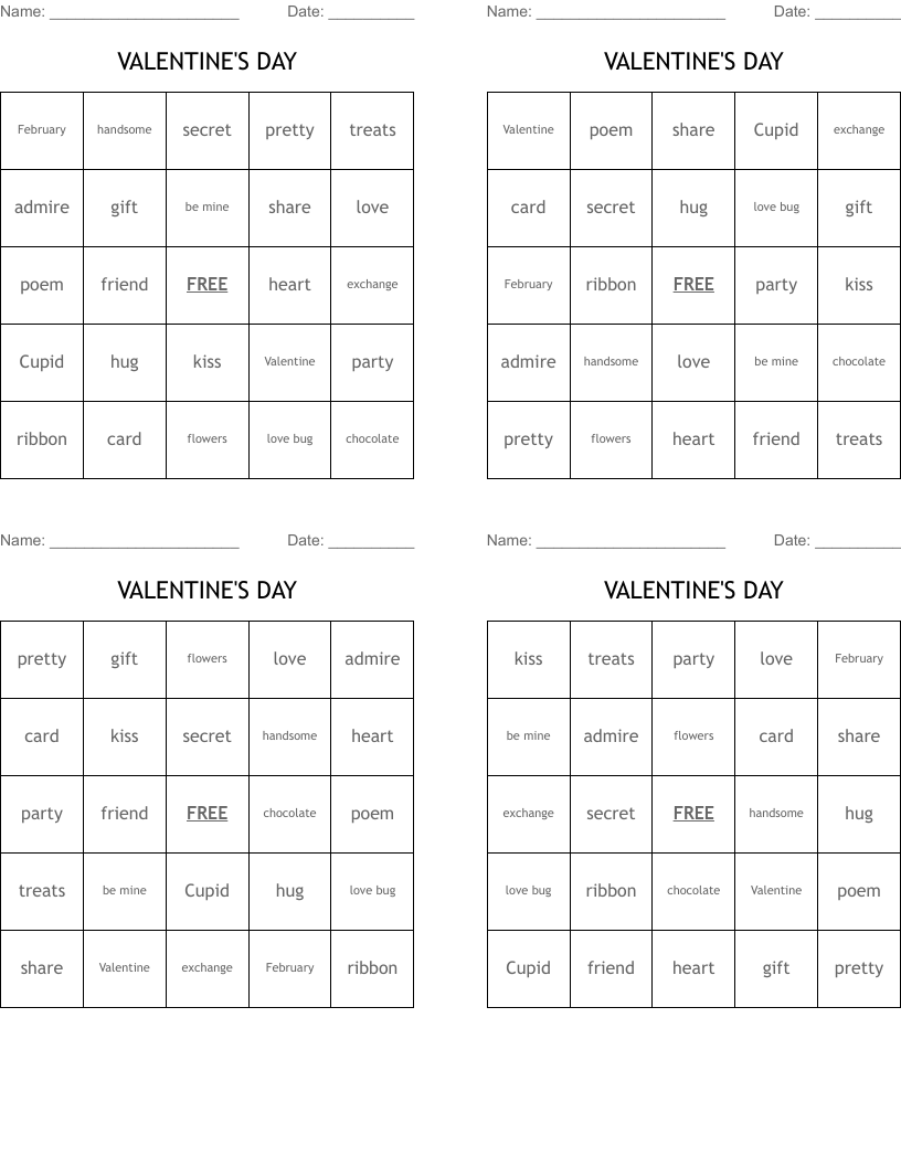 VALENTINE'S DAY Bingo Cards