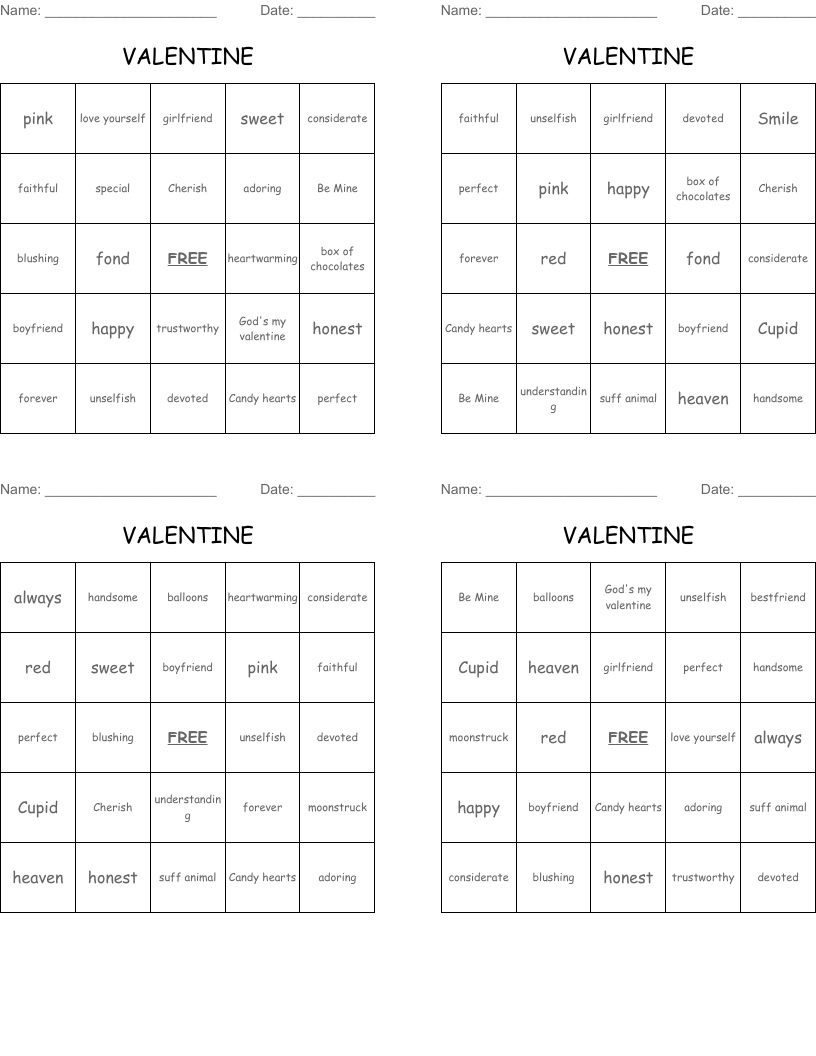 VALENTINE Bingo Cards