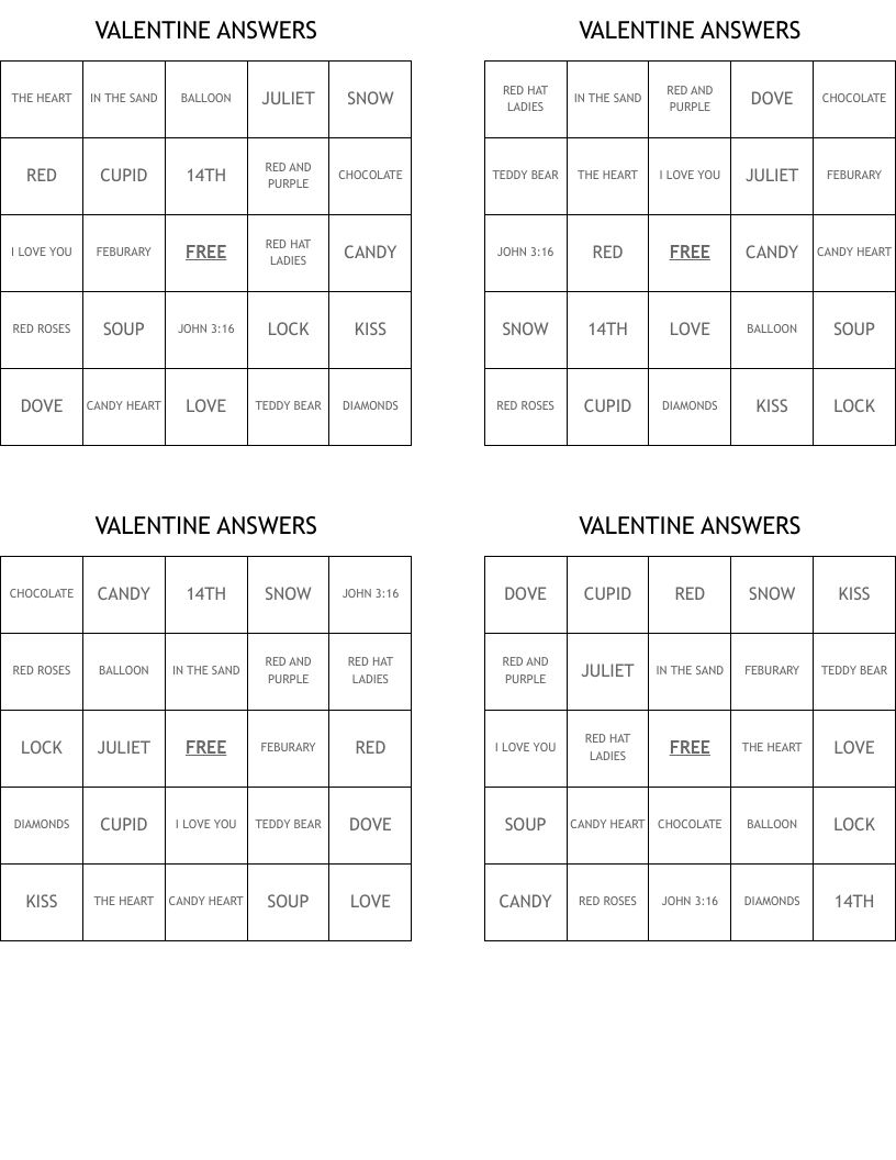 VALENTINE ANSWERS Bingo Cards