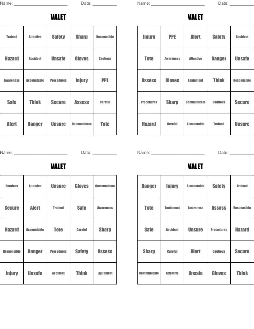 VALET Bingo Cards