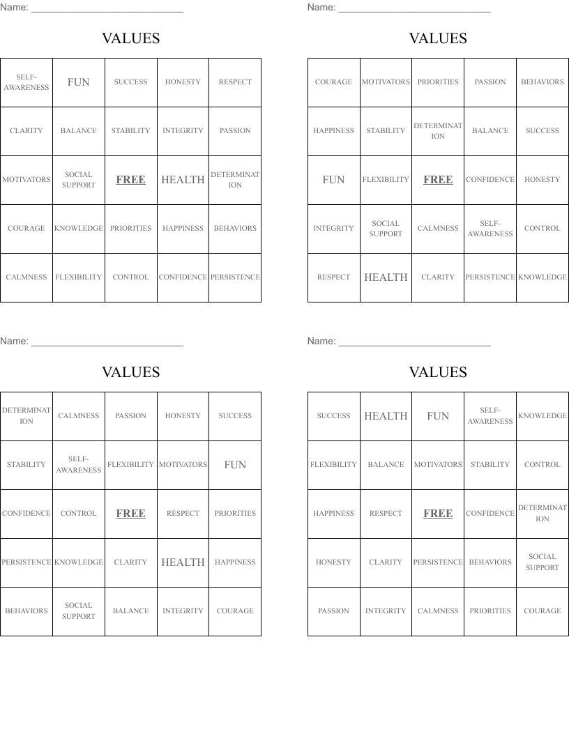 VALUES Bingo Cards