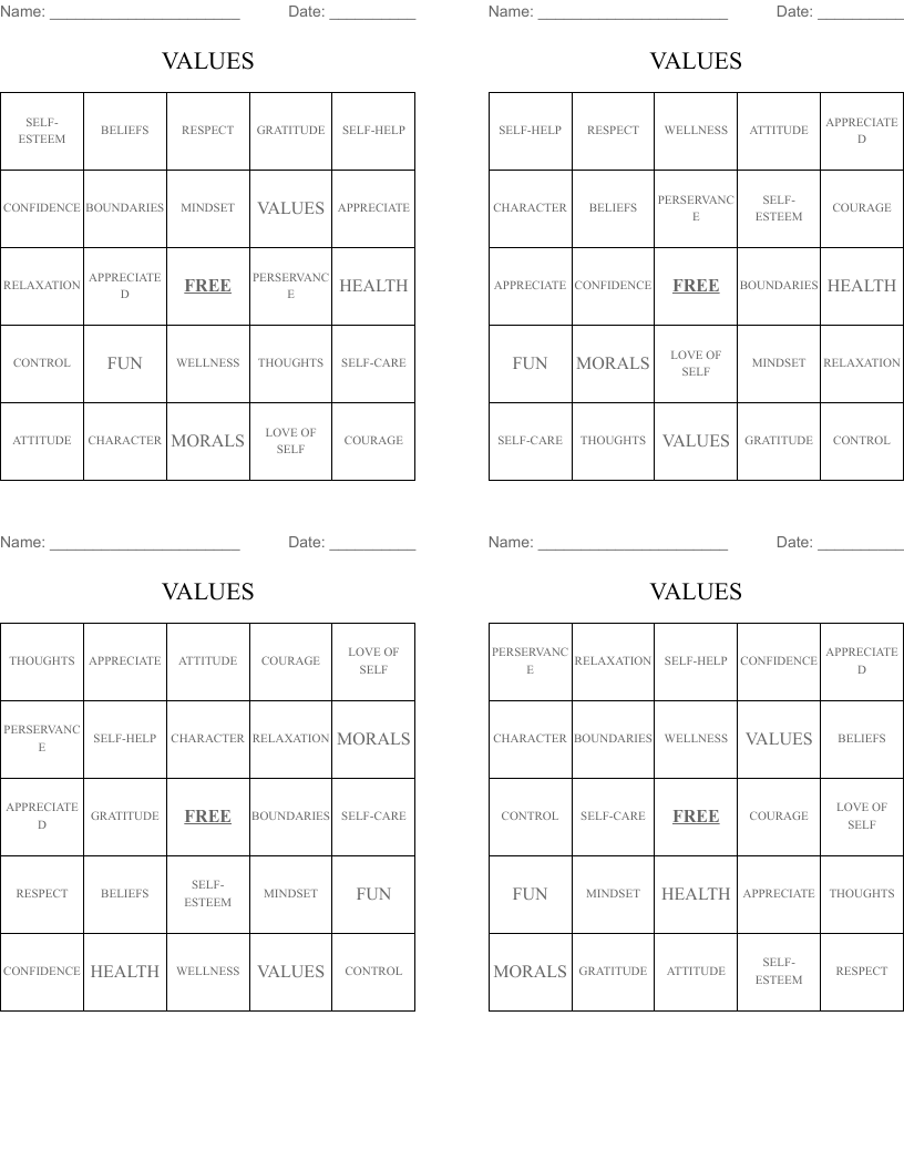 VALUES Bingo Cards