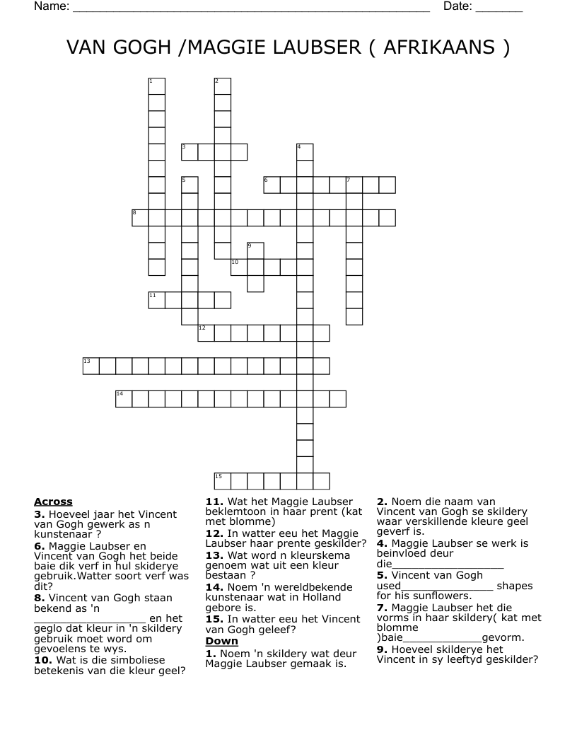 VAN GOGH /MAGGIE  LAUBSER  ( AFRIKAANS ) Crossword