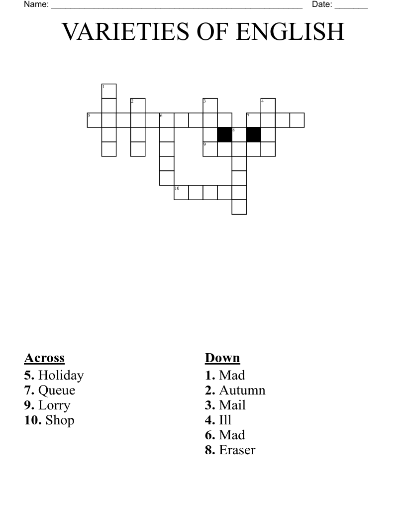 VARIETIES OF ENGLISH Crossword