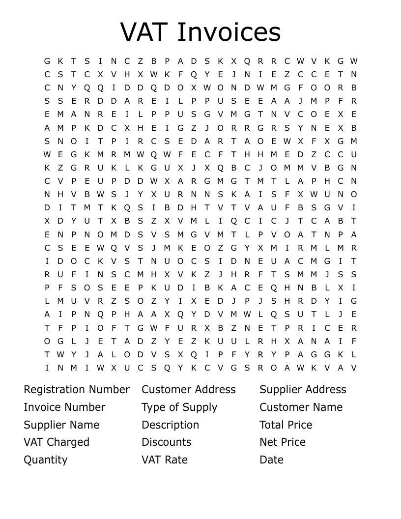 VAT Invoices Word Search