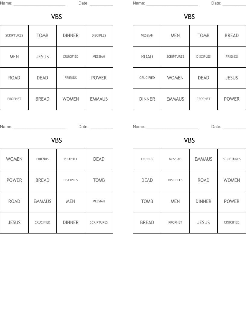 VBS Bingo Cards