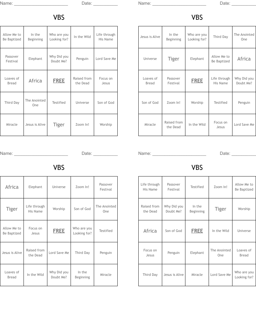 VBS Bingo Cards