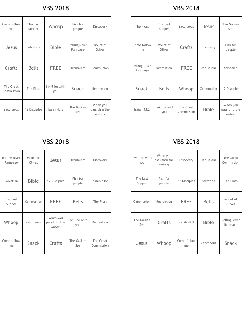 VBS 2018 Bingo Cards