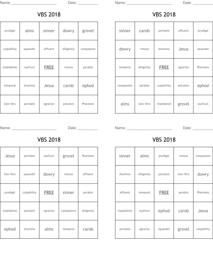 VBS 2018 Bingo Cards
