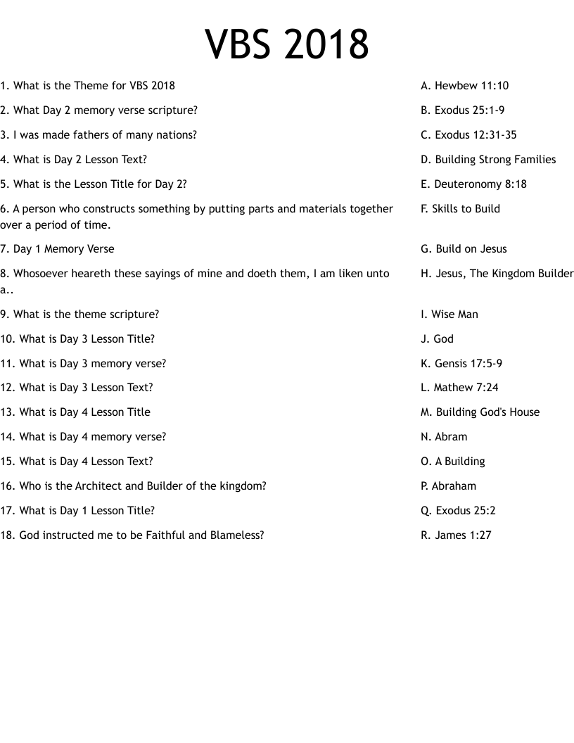 VBS 2018 Worksheet