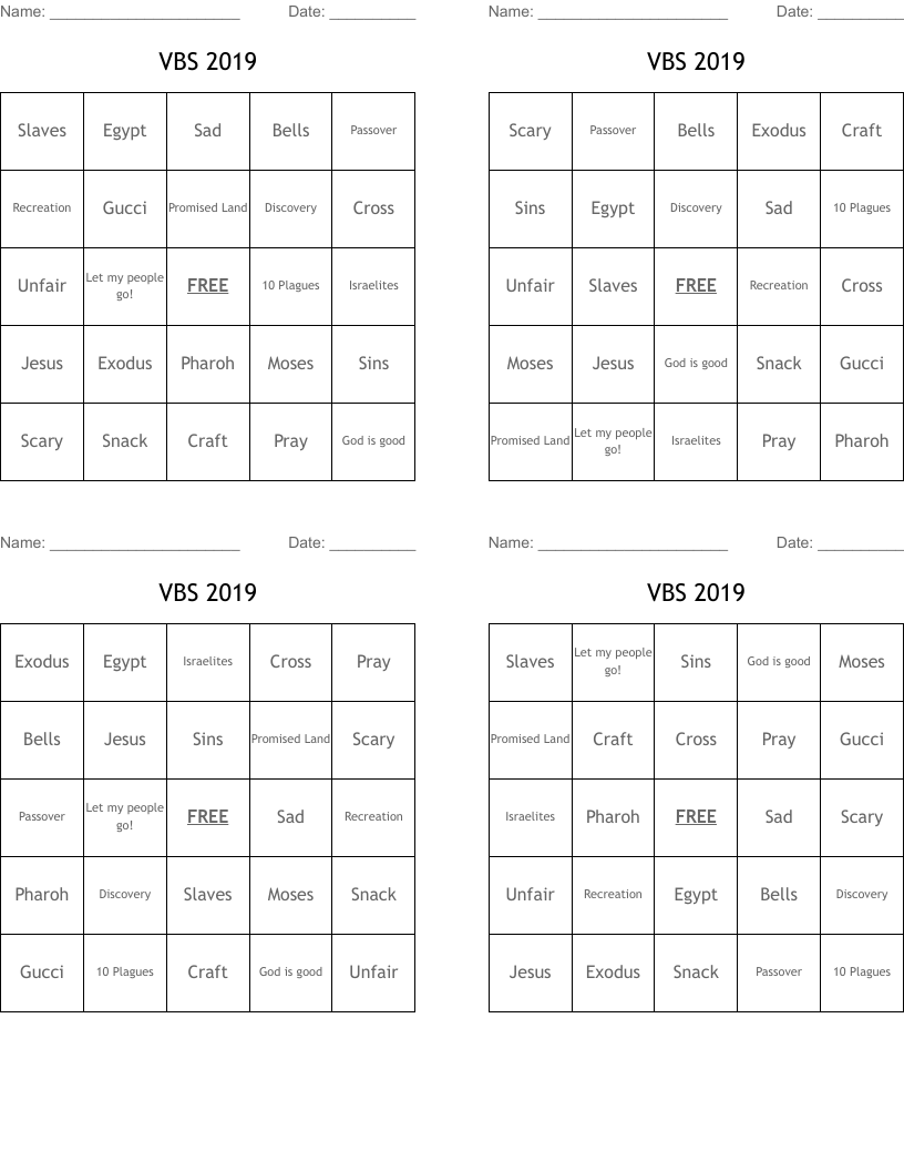 VBS 2019 Bingo Cards