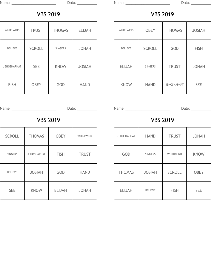 VBS 2019 Bingo Cards