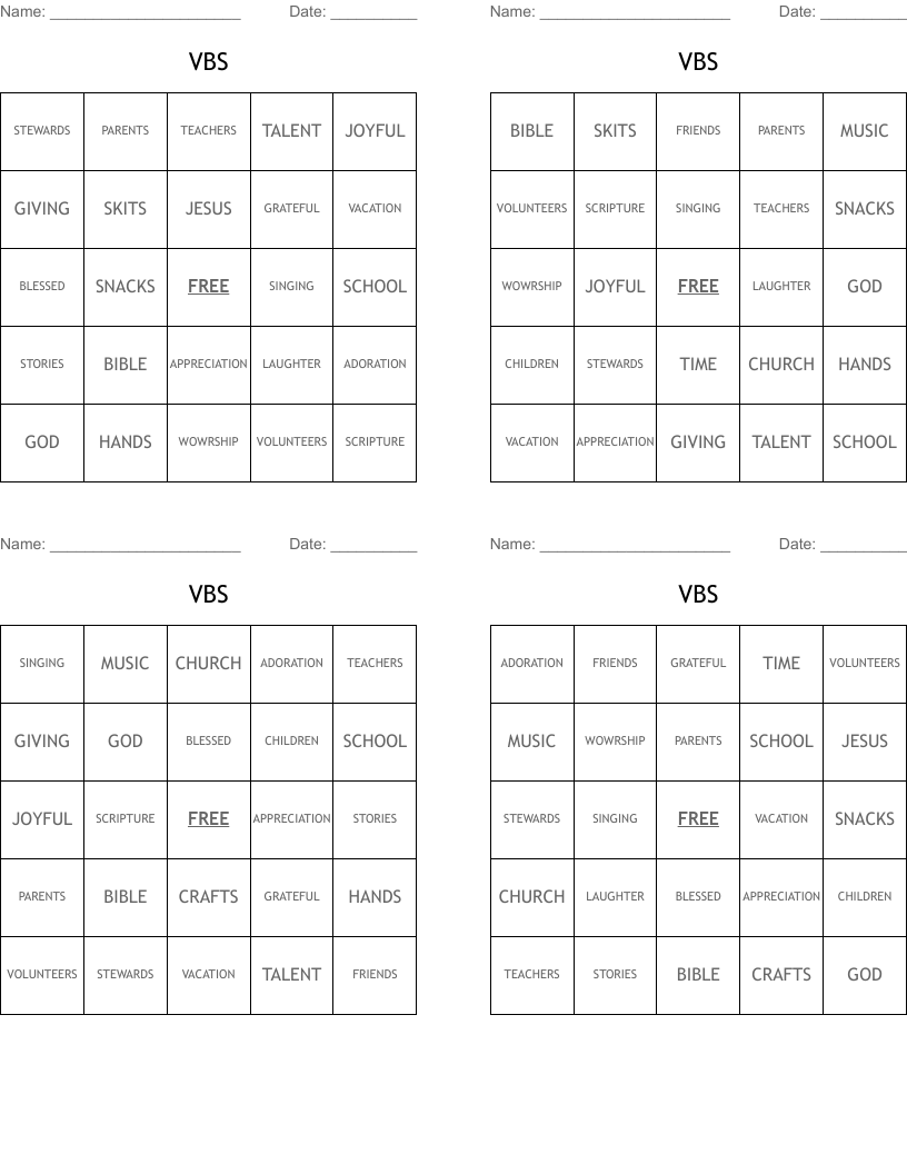 VBS Bingo Cards