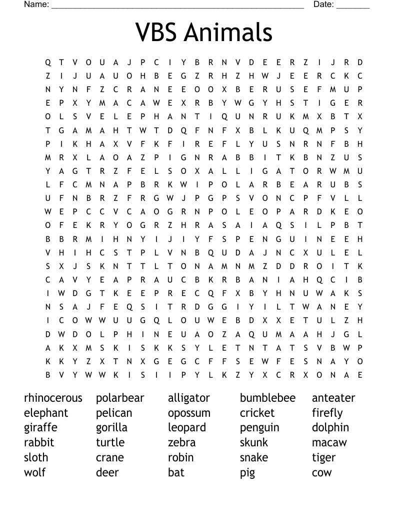 VBS Animals Word Search
