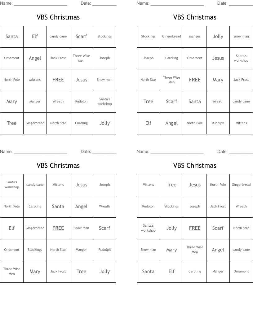 VBS Christmas  Bingo Cards