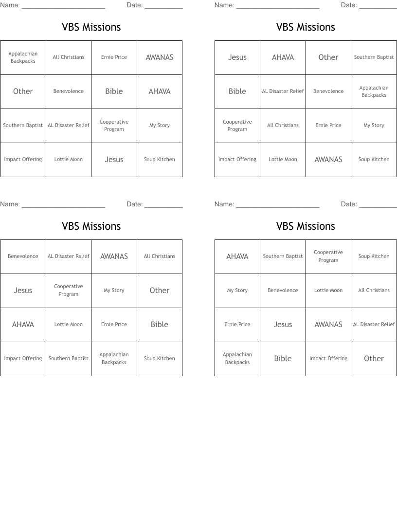 VBS Missions Bingo Cards