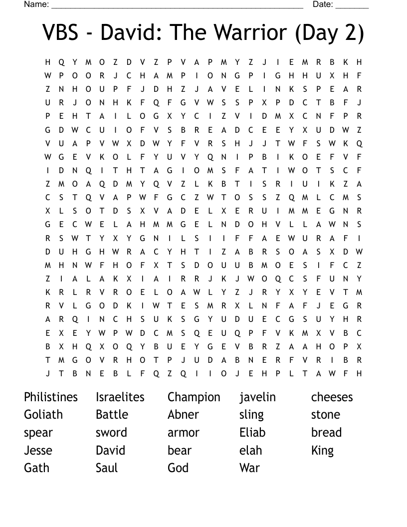 VBS - David: The Warrior (Day 2) Word Search