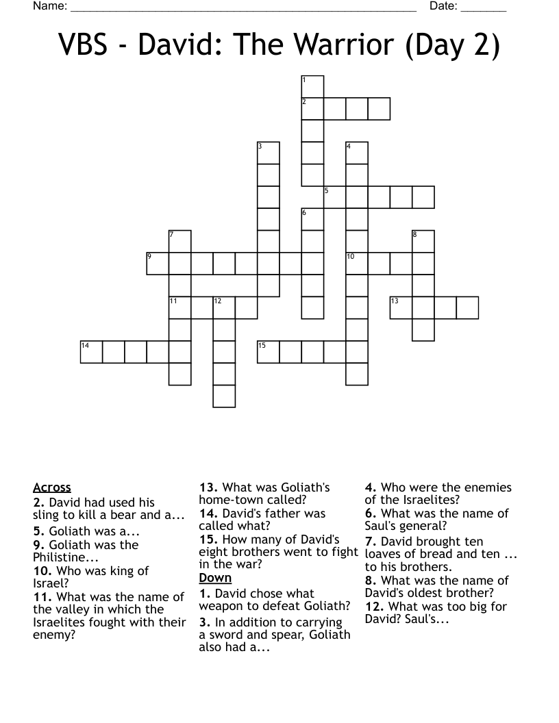 VBS - David: The Warrior (Day 2) Crossword