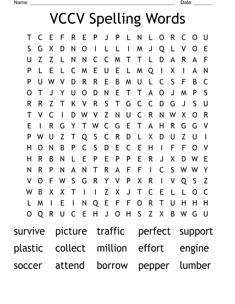 VCCV Spelling Words Word Search
