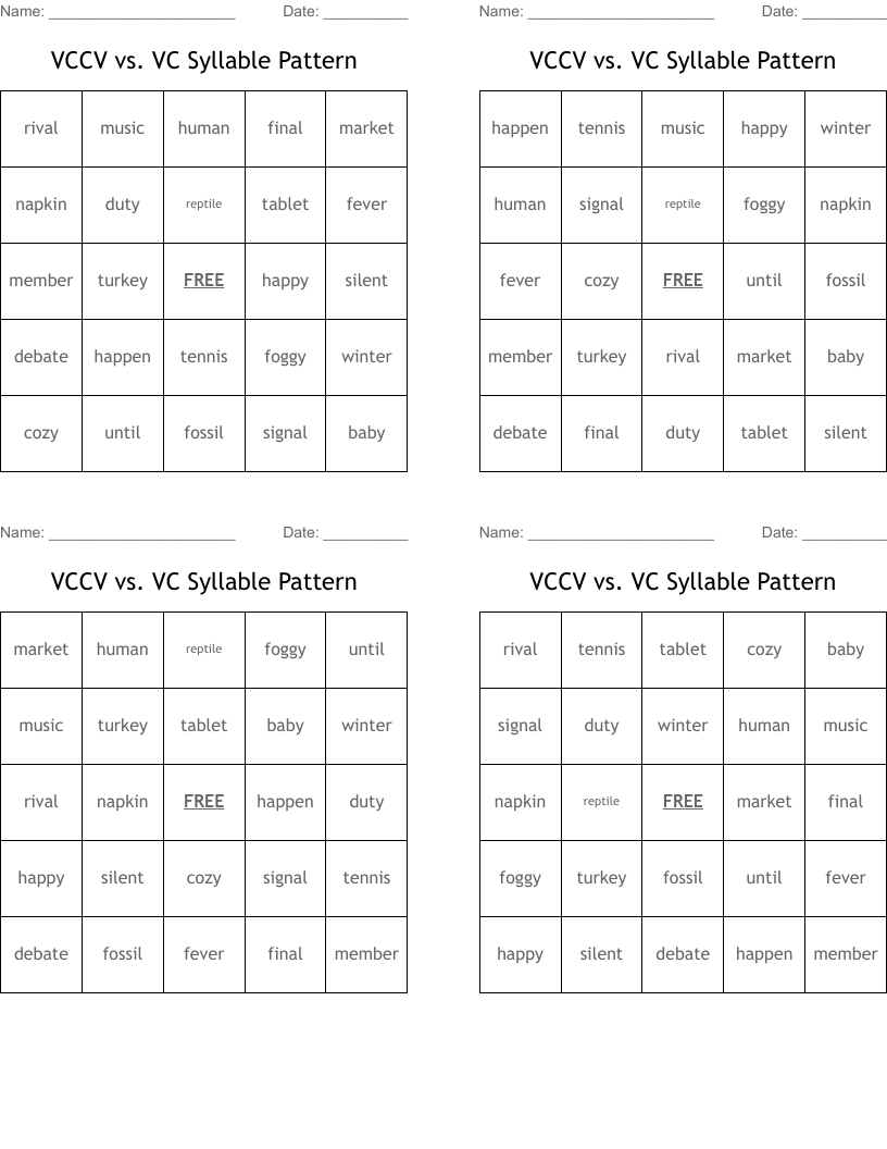 VCCV vs. VC Syllable Pattern Bingo Cards