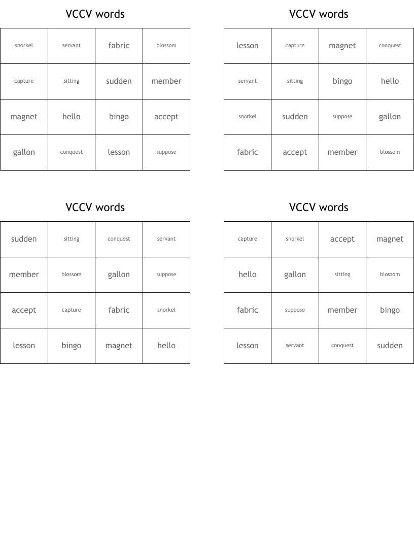 VCCV words Bingo Cards