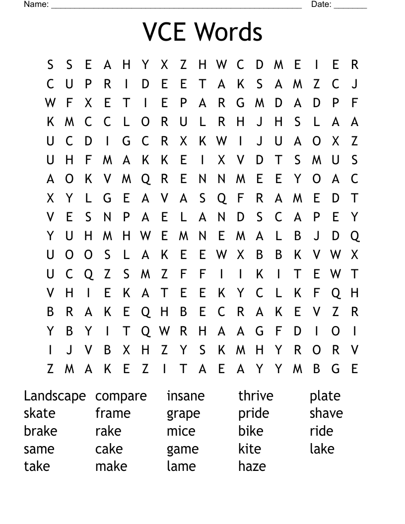 VCE Words Word Search