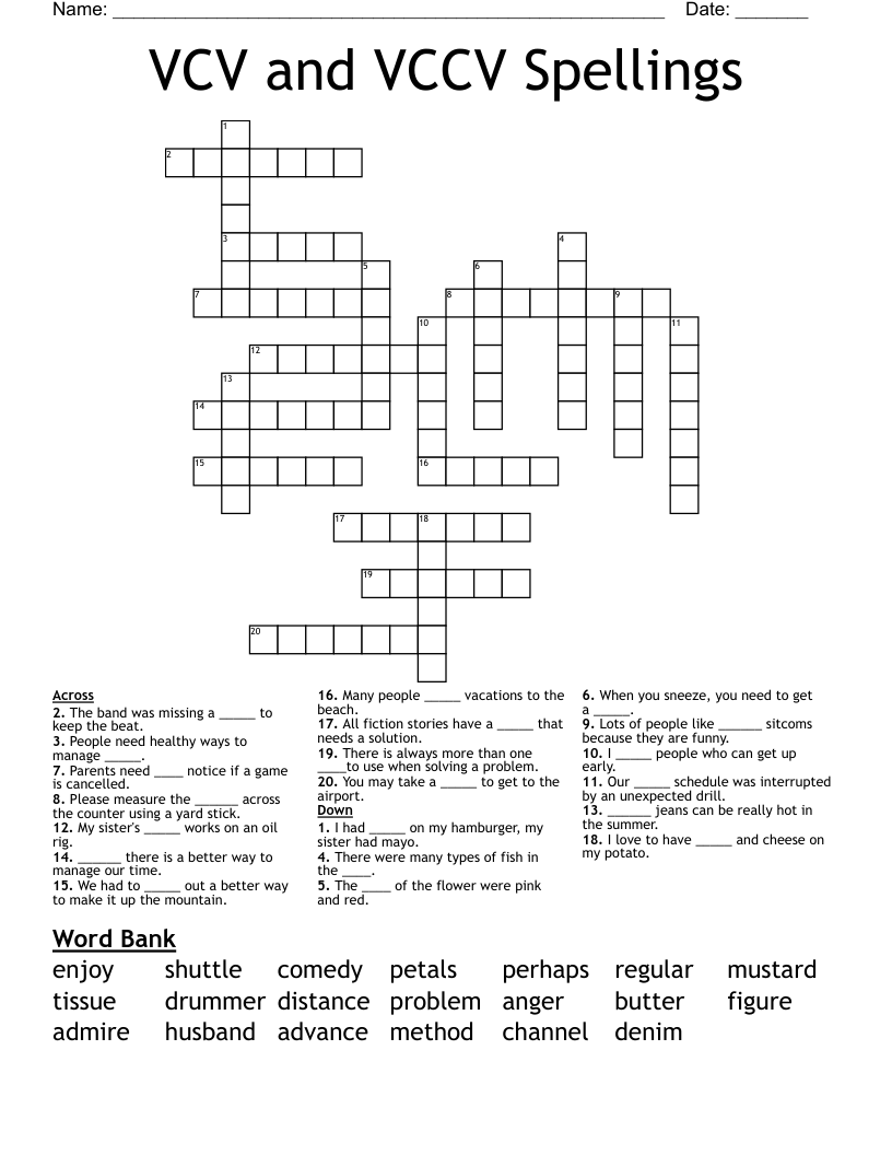 VCV and VCCV Spellings Crossword
