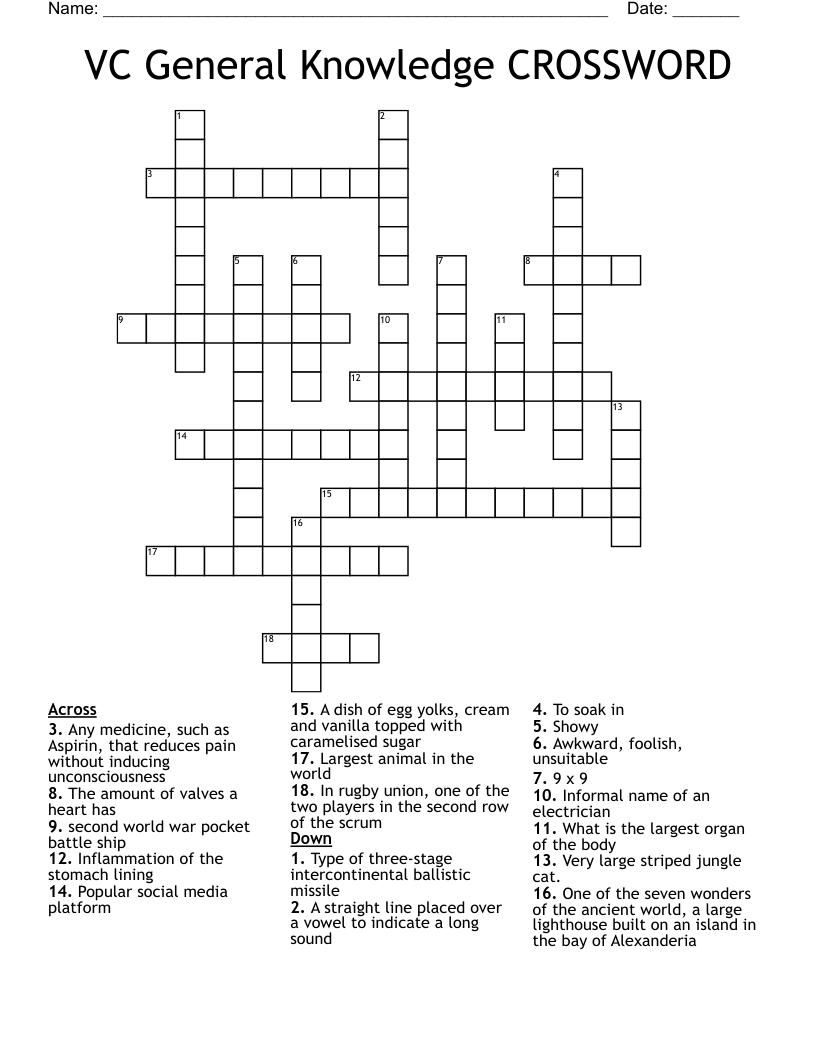 VC General Knowledge CROSSWORD