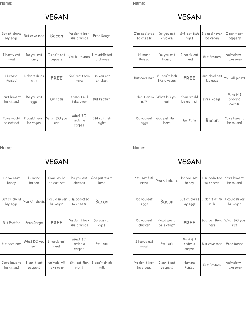 VEGAN Bingo Cards