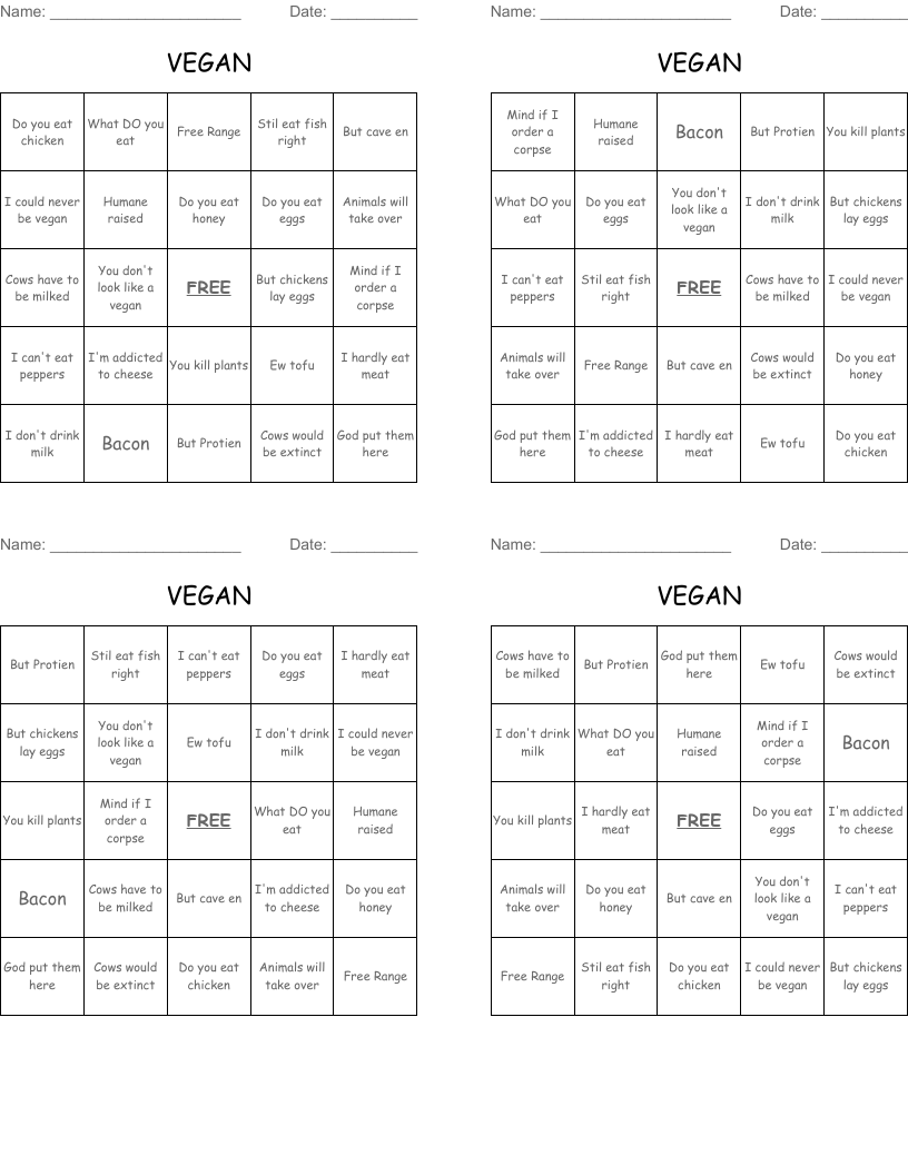 VEGAN Bingo Cards