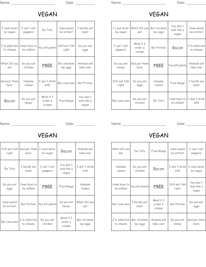 VEGAN  Bingo Cards