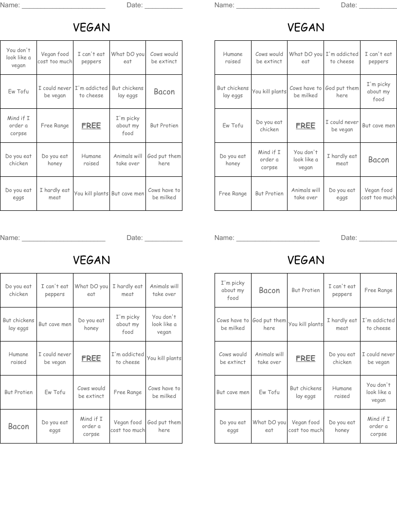 VEGAN  Bingo Cards