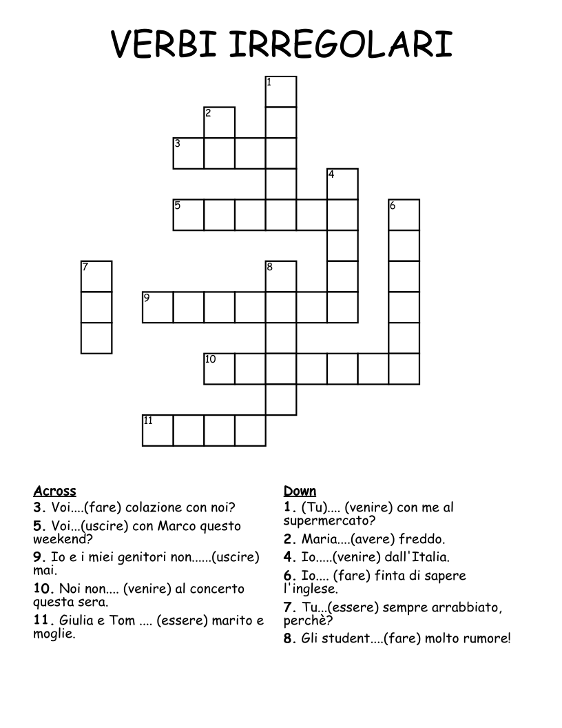VERBI IRREGOLARI Crossword
