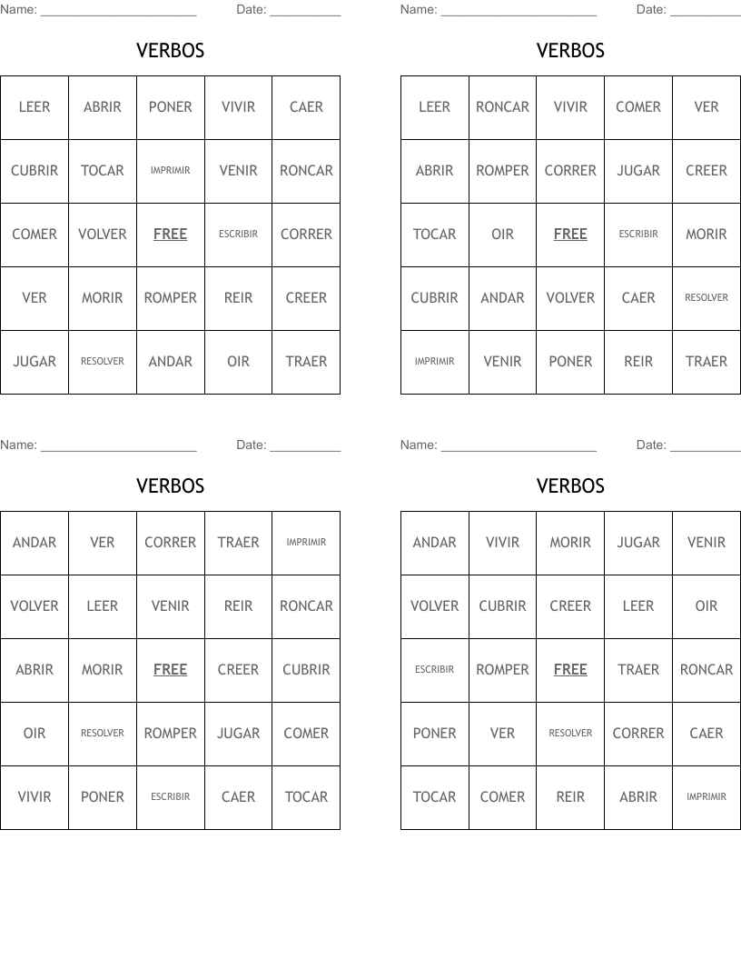 VERBOS Bingo Cards