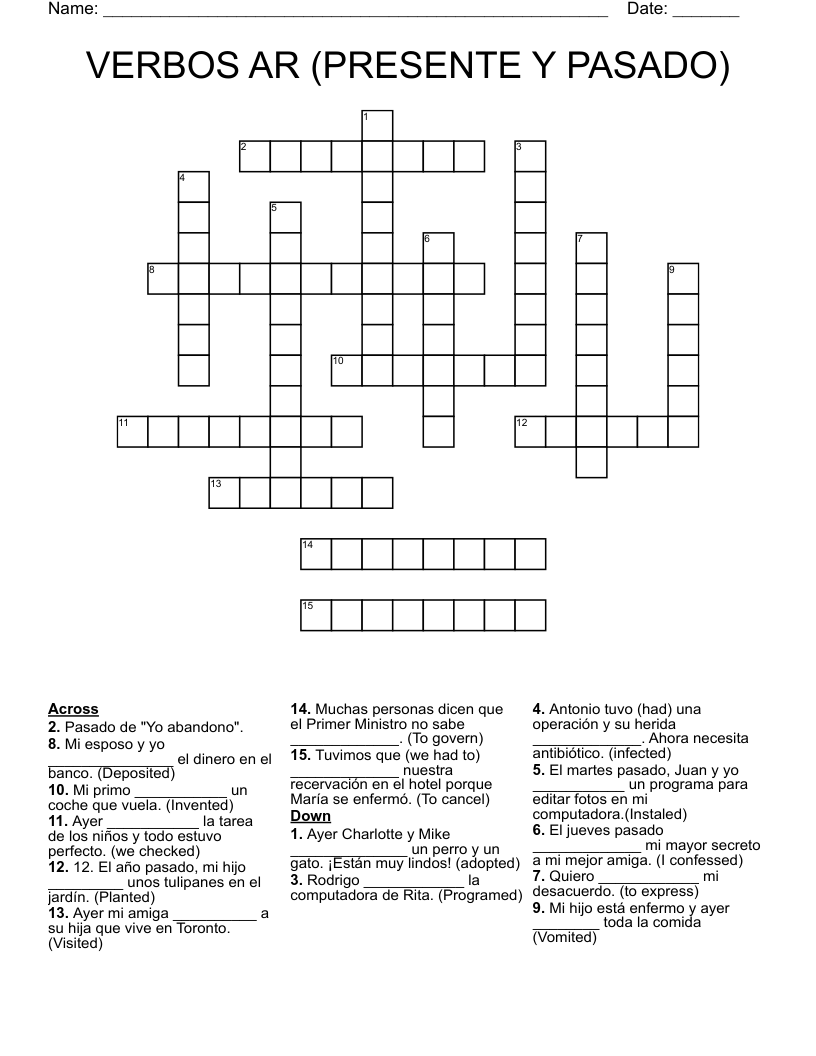 VERBOS AR (PRESENTE Y PASADO) Crossword