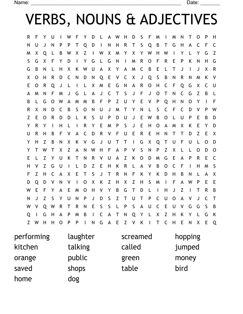 VERBS, NOUNS & ADJECTIVES Word Search