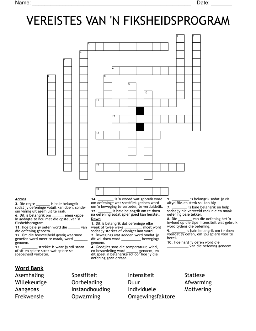 VEREISTES VAN 'N FIKSHEIDSPROGRAM Crossword