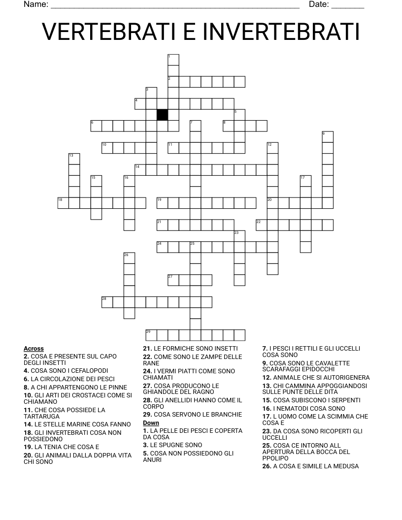 VERTEBRATI E INVERTEBRATI Crossword